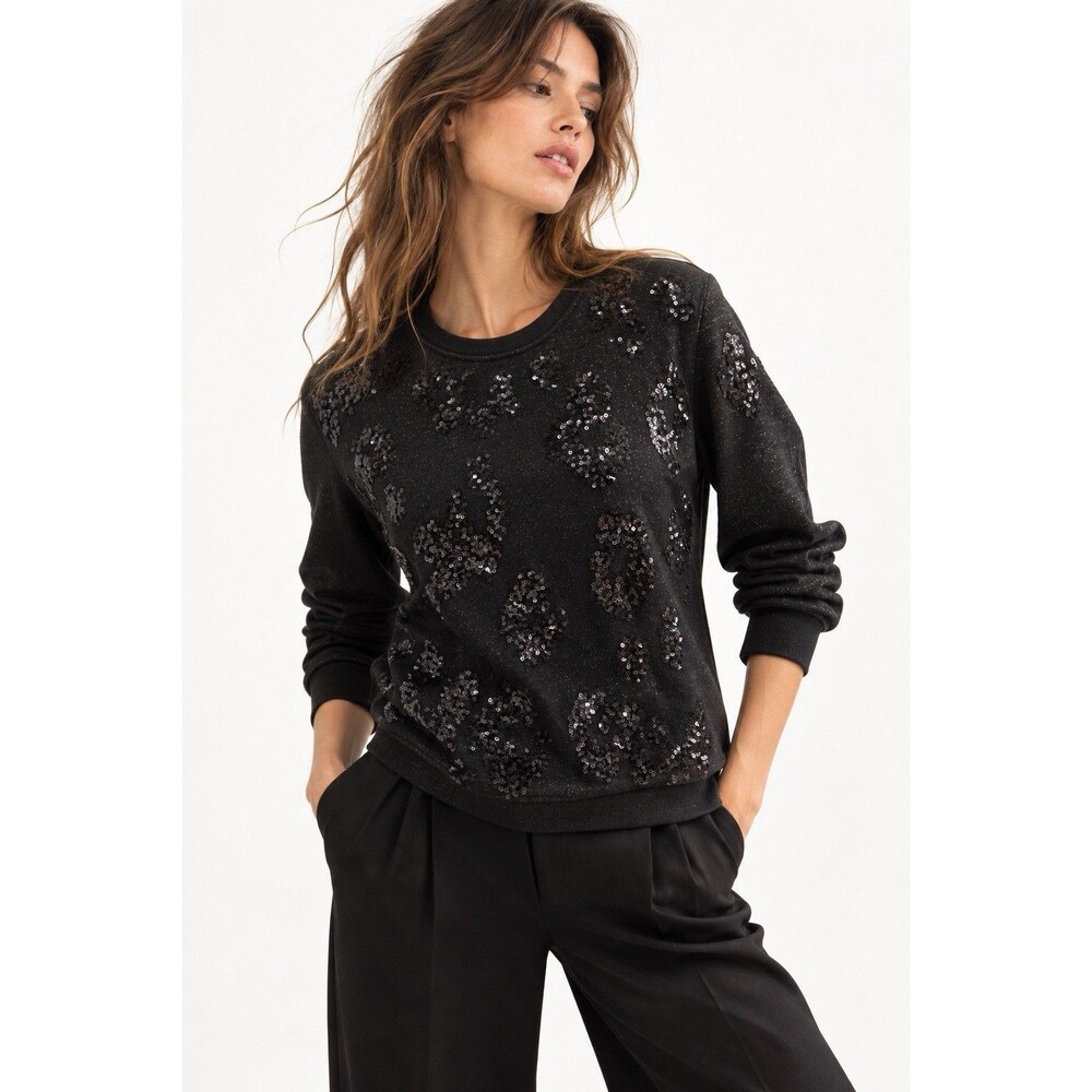 Maje Black Sequin Leopard Animal Print Metallic Sweatshirt Size 1 Small